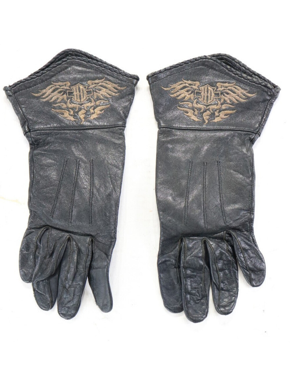 vintage harley davidson gauntlet gloves L black leather padded h-d eagle bar vtg